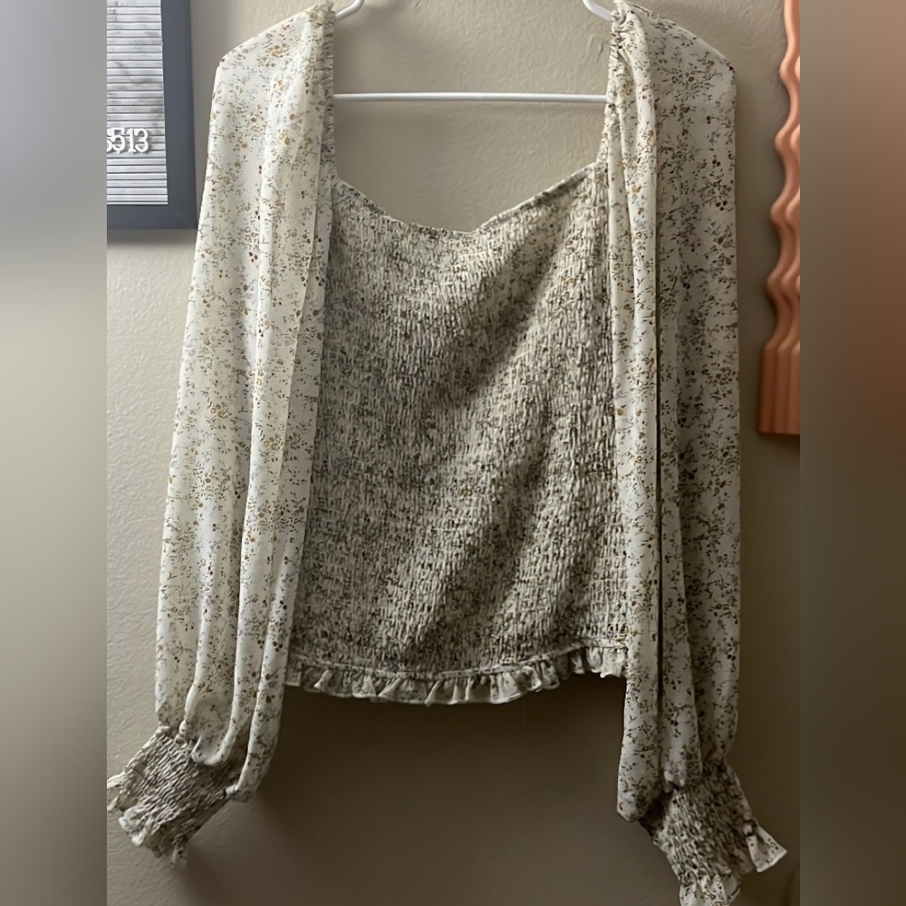 Altar’d State Floral Cream Yellow Smocked Gathered Long Slender Blouse Top Large - Picture 5 of 5